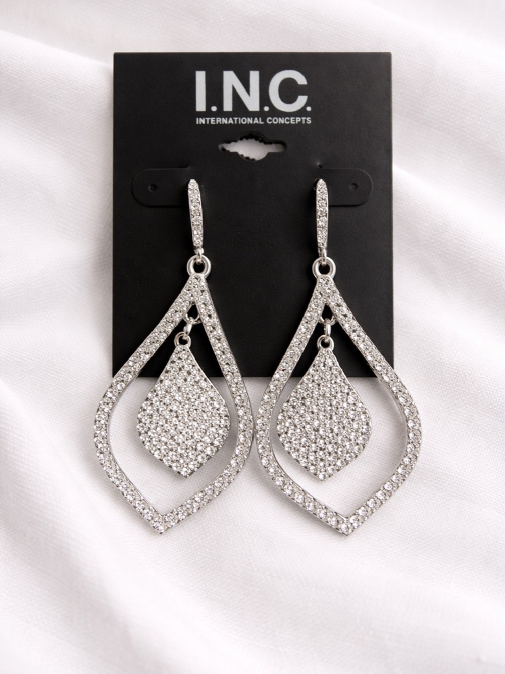 INC International Concepts Silver Pavé Double Teardrop Dangle Earrings NWT